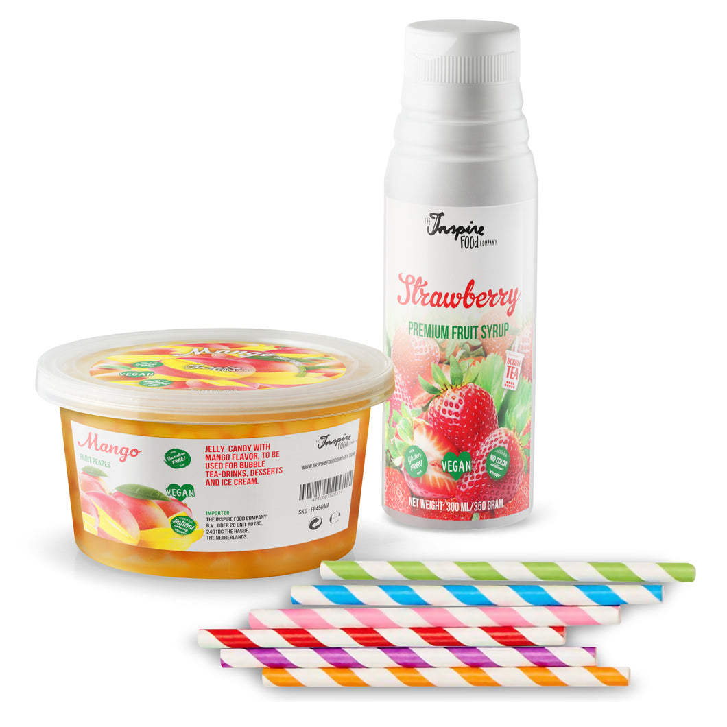Combo Pack: 1x Mango Popping Fruit Pearls 450g, 1x Strawberry Syrup, 6x Straws