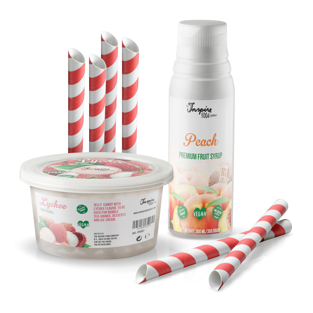 Combo Pack: 1x Lychee Fruit Pearls 450g, 1x Peach Syrup 300ml, 6x Straws