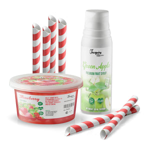 Combo Pack: 1x Strawberry Fruit Pearls 450g, 1x Green Apple Syrup 300ml, 6x Straws