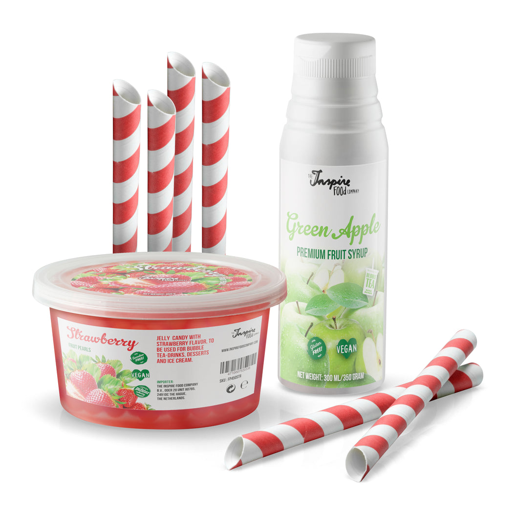 Combo Pack: 1x Strawberry Fruit Pearls 450g, 1x Green Apple Syrup 300ml, 6x Straws