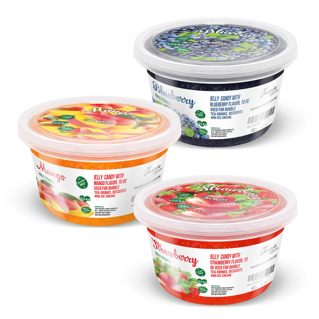 3 Pack of 450g Fruit Pearls: Strawberry / Mango / Blueberry