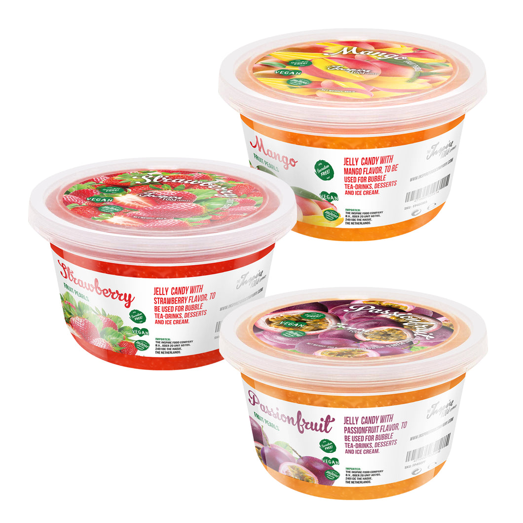 3 Packungen mit 450 g Fruchtperlen: Erdbeere / Mango / Passionsfrucht