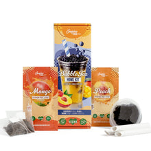 Charger l&#39;image dans la galerie, Bubble Tea-Set - Blaubeer Boba 100g, Pfirsich &amp; Mango Sirup 2x30ml, 4x Strohhalme, 2x Jasmin-Tee
