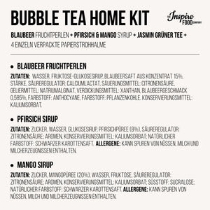 Bubble Tea-Set - Blaubeer Boba 100g, Pfirsich & Mango Sirup 2x30ml, 4x Strohhalme, 2x Jasmin-Tee