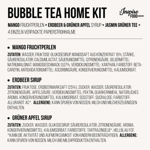 Bubble Tea-Set - Mango Boba 100g, Erdbeer & Grüner Apfel Sirup 2x30ml, 4x Strohhalme, 2x Jasmin-Tee