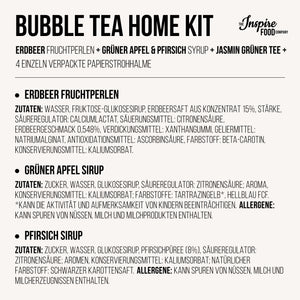 Bubble Tea-Set - Erdbeer-Boba 100g, Grüner Apfel Sirup 30ml, Pfirsich Sirup 30ml, 4x Strohhalme + 2x Jasmin-Tee