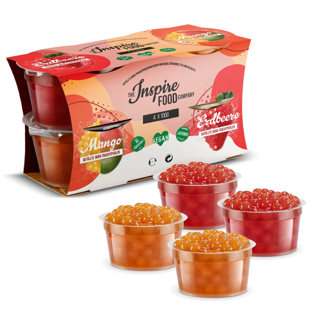 Bubble Tea Perlen Set - 4er-Pack Popping Boba | Erdbeere & Mango | 100g