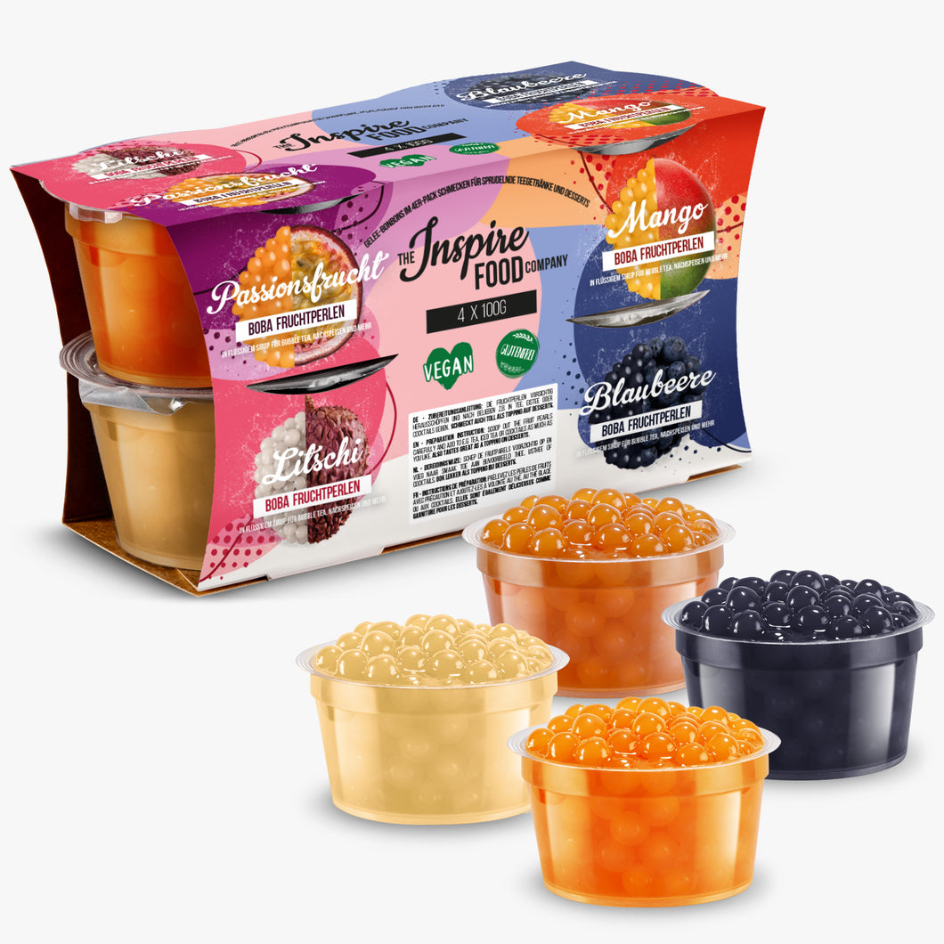 Bubble Tea Perlen Set - 4x Popping Boba Fruchtperlen | Litschi, Blaubeere, Passionsfrucht und Mango