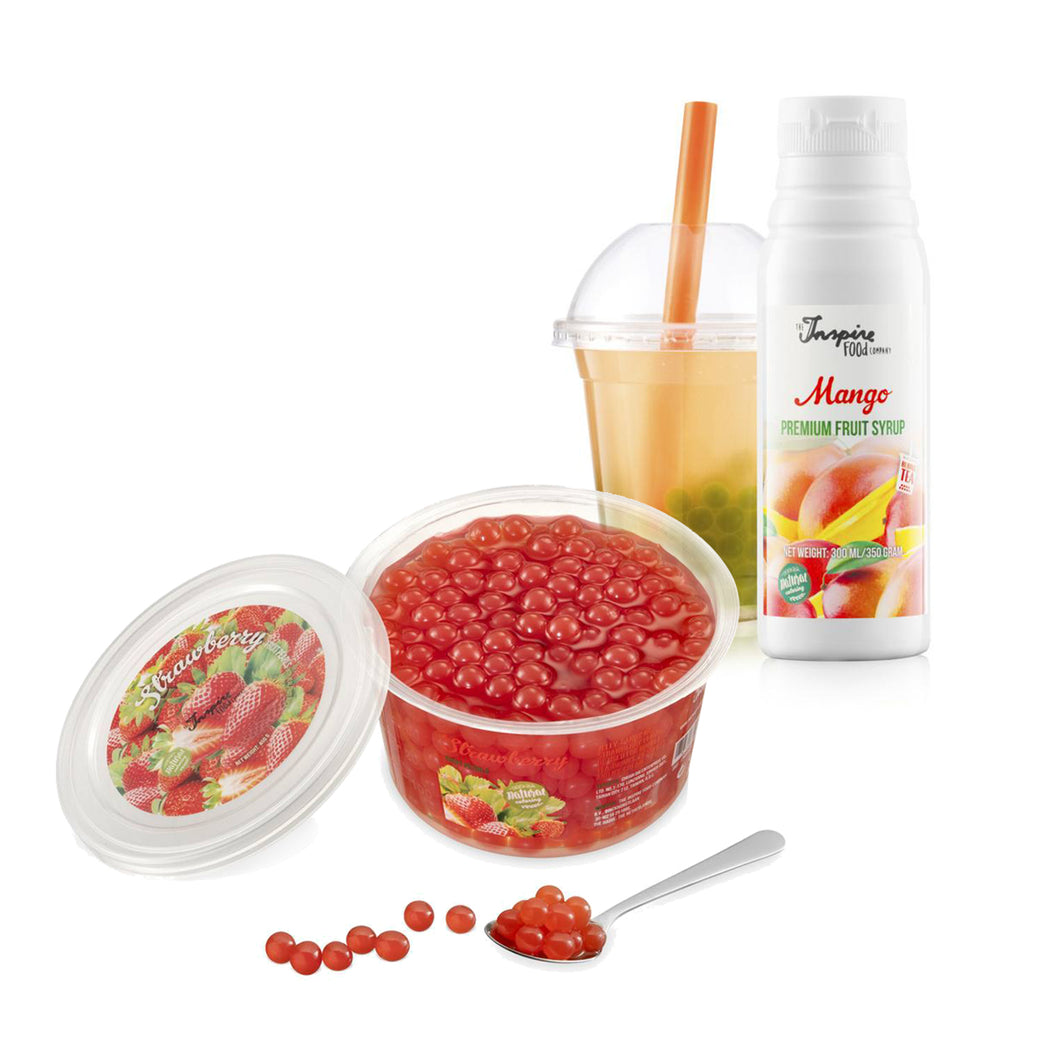 Emballage combiné de sirop de mangue 300ml & de perles de fraise 450g